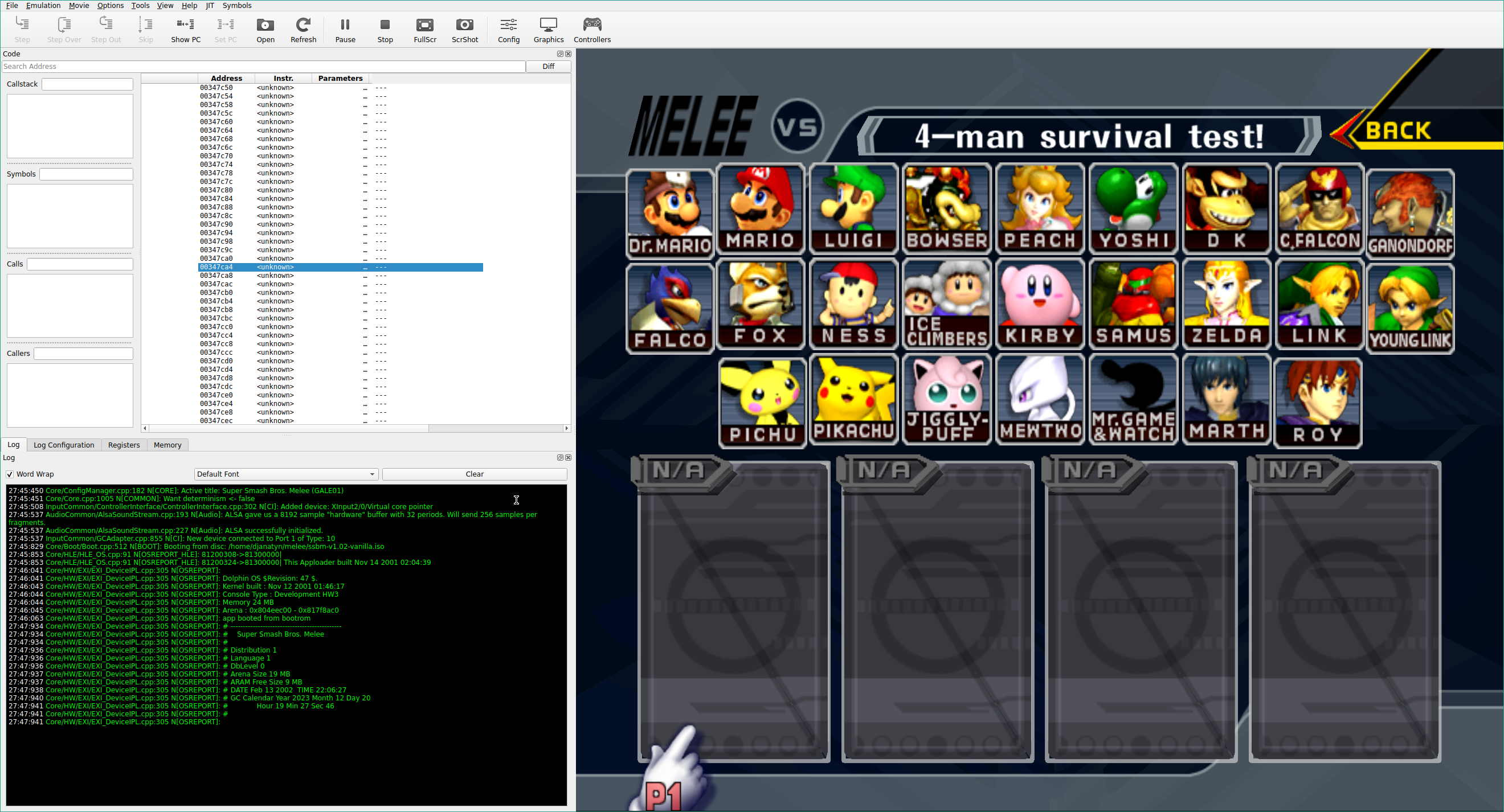 screenshot of melee running with debug pane to the side