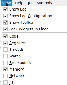 enabling 'Code', 'Registers', and 'Memory' view